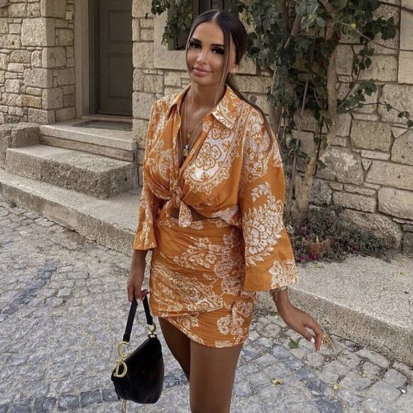 BLOGGER'S FAVE! Zara 2 Piece Printed Mini Skirt And Top Set Burnt Orange NWT - Picture 12 of 16